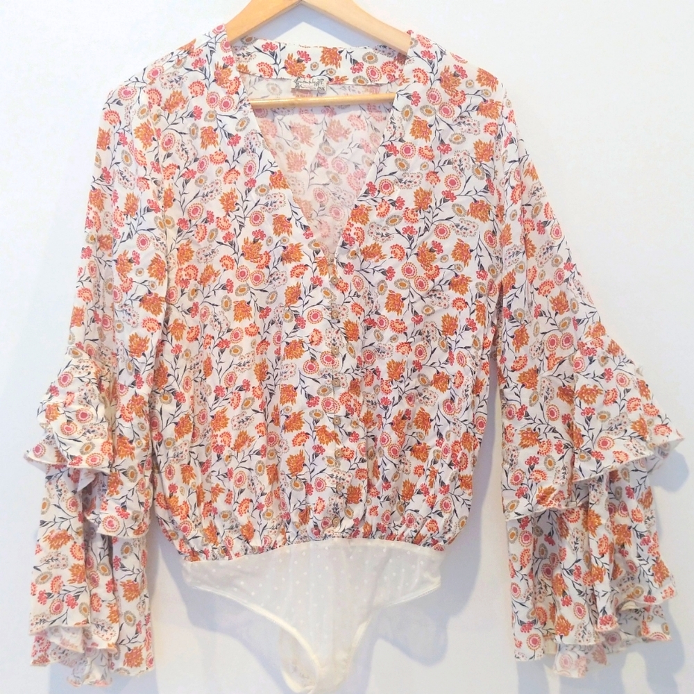 Free People Tiered Bell Sleeves, Floral Print Blouse/Bodysuit---Final Price